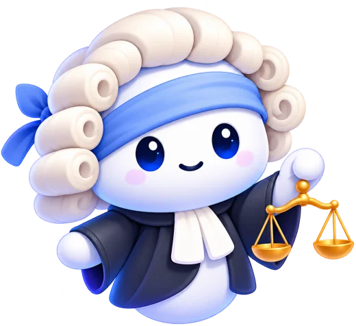 Judgy, the chAImbers AI judge, wearing a barrister’s wig and holding scales of justice.