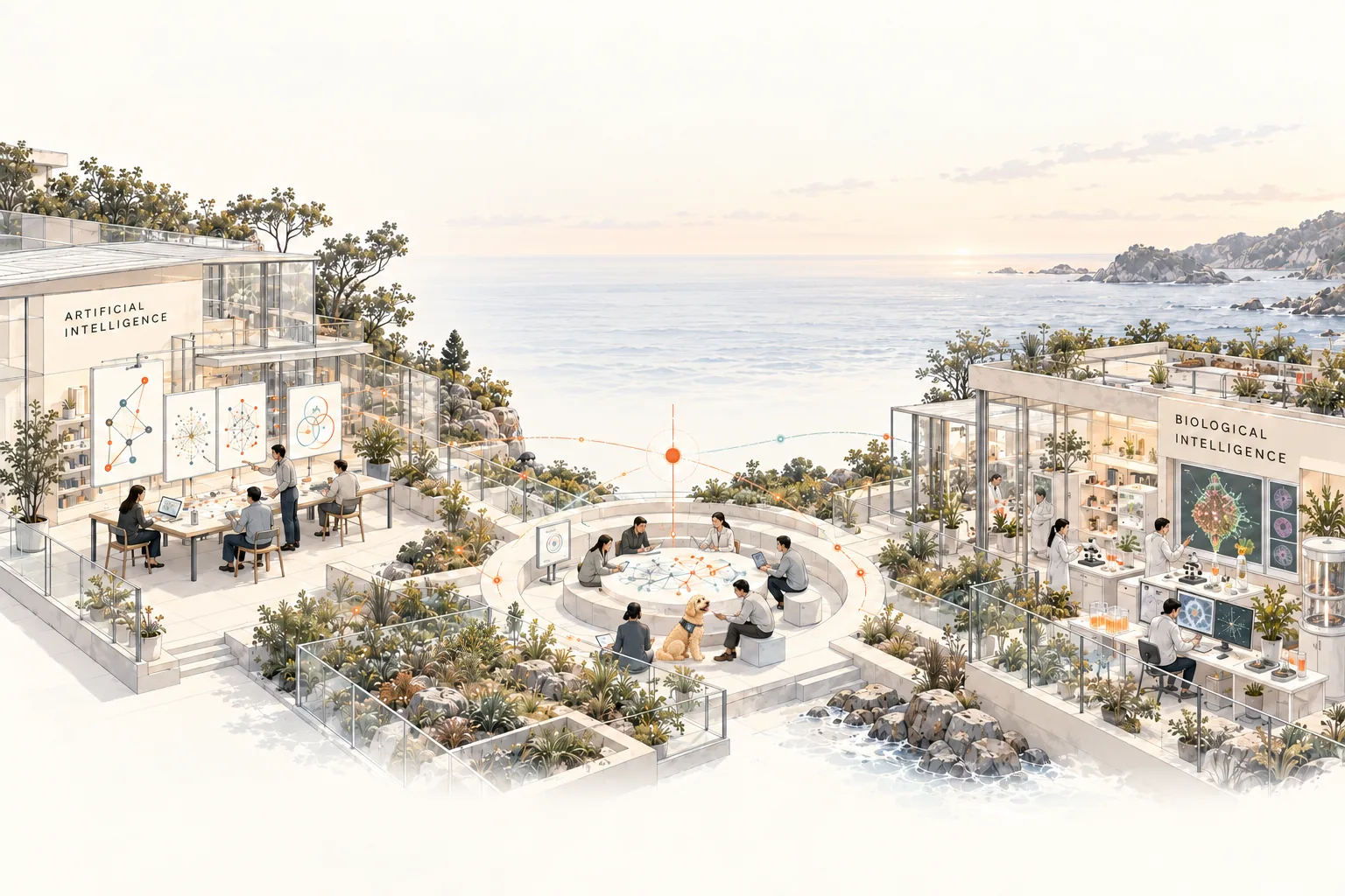 Illustration of a coastal research campus: an Artificial Intelligence studio on the left, a Biological Intelligence lab on the right, and people gathered around a shared table between them.